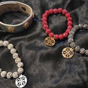 Rustic Cuff Red and Silver Beaded Bracelets with Gold Charms